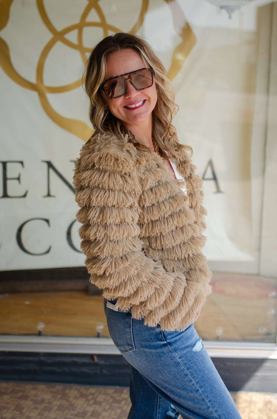 Almost Famous Shag Cropped Jacket in Taupe