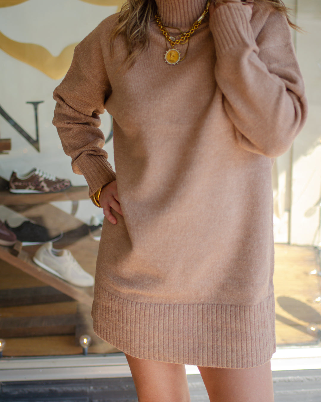 Bonfire Babe Mock Neck Sweater Dress in Camel