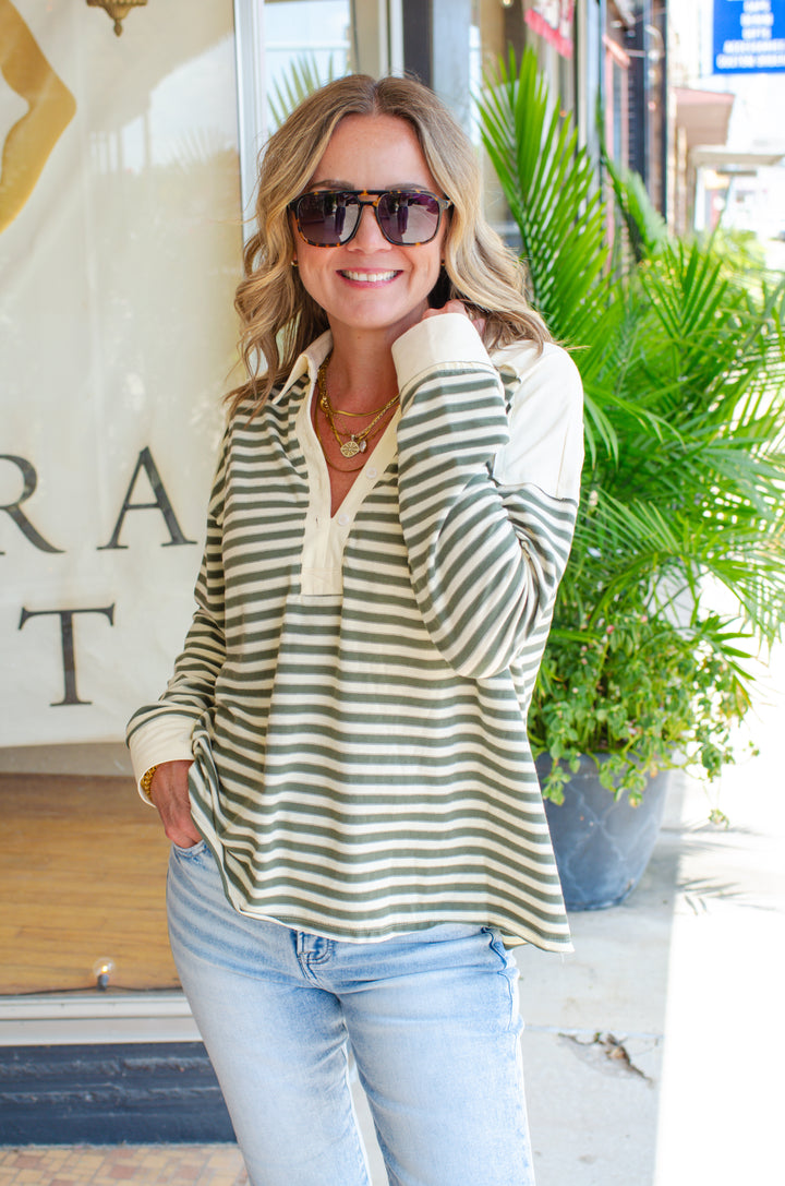 Fall Feels Stripe Henley Sweatshirt in olive & cream