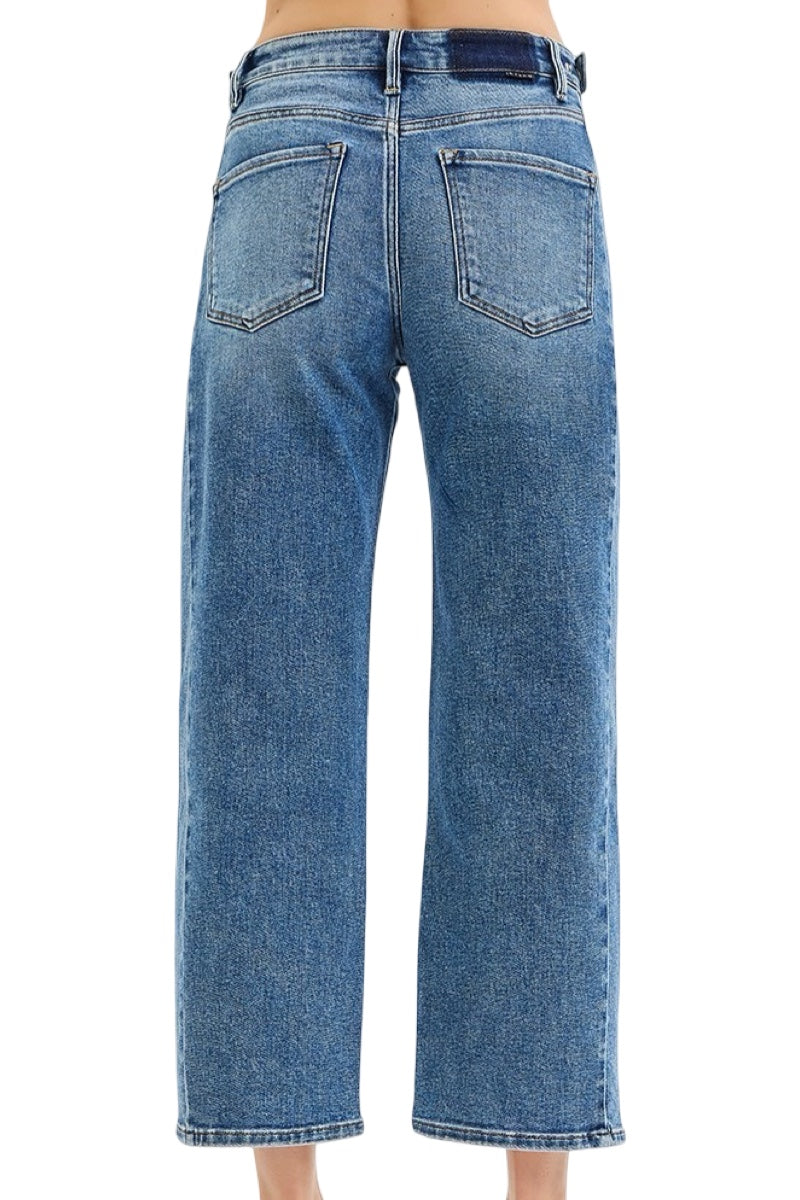 Risen High Rise Crop Length Barrel Jeans in Dark Wash