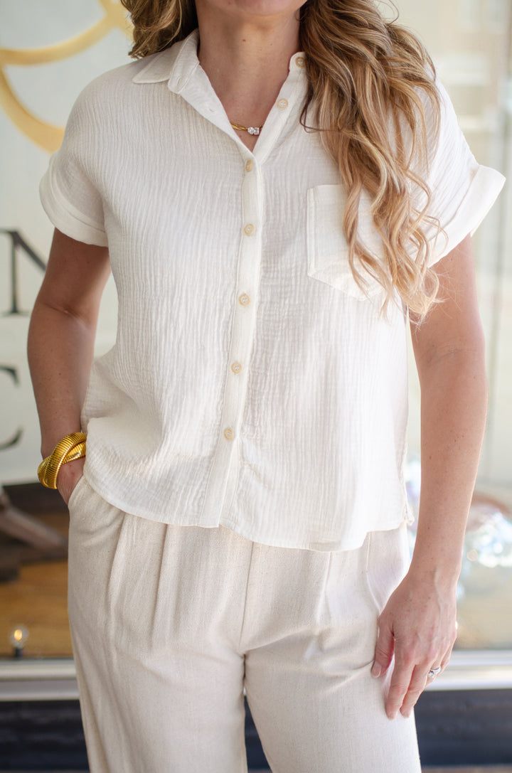 Born To Run White Gauze Button Down Collated Top