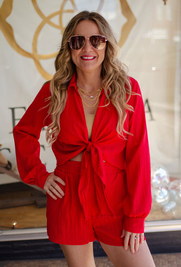 Day Date Tie Front Long Sleeve Blouse in Red