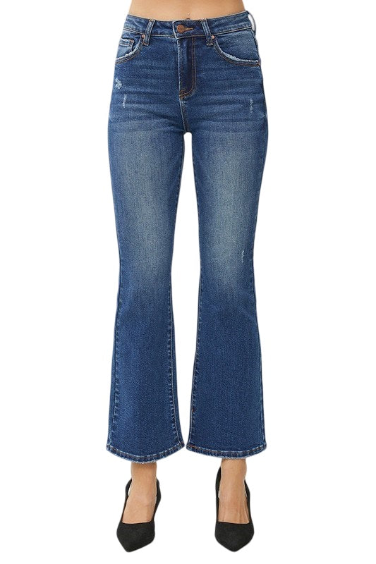 Risen High Rise Ankle Flare Crop in Dark Wash