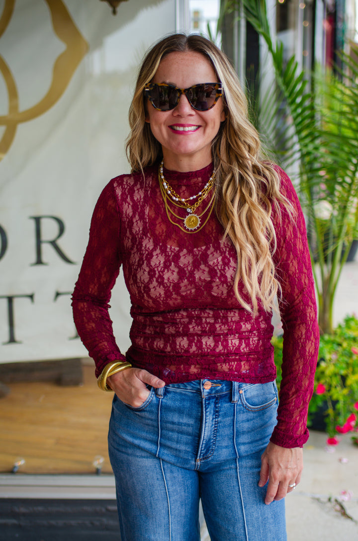 Fall Romance Fitted Floral Print High Neck lace Top in Wine