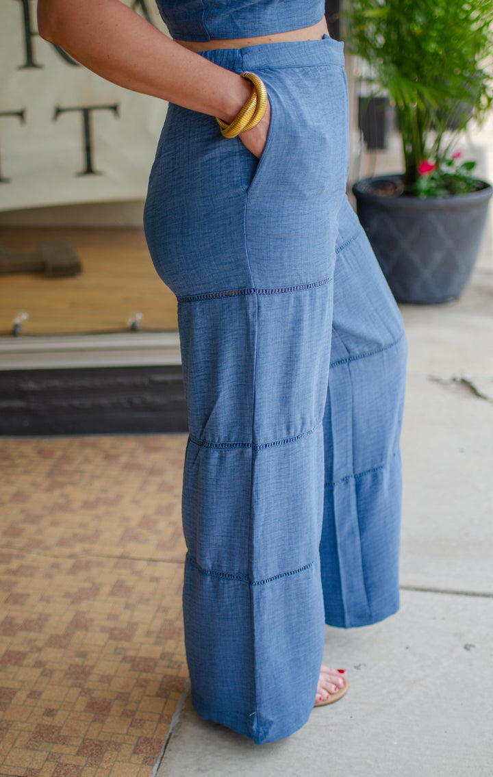 Day Date High Rise Crochet Detail Wide Leg Chambray Pants