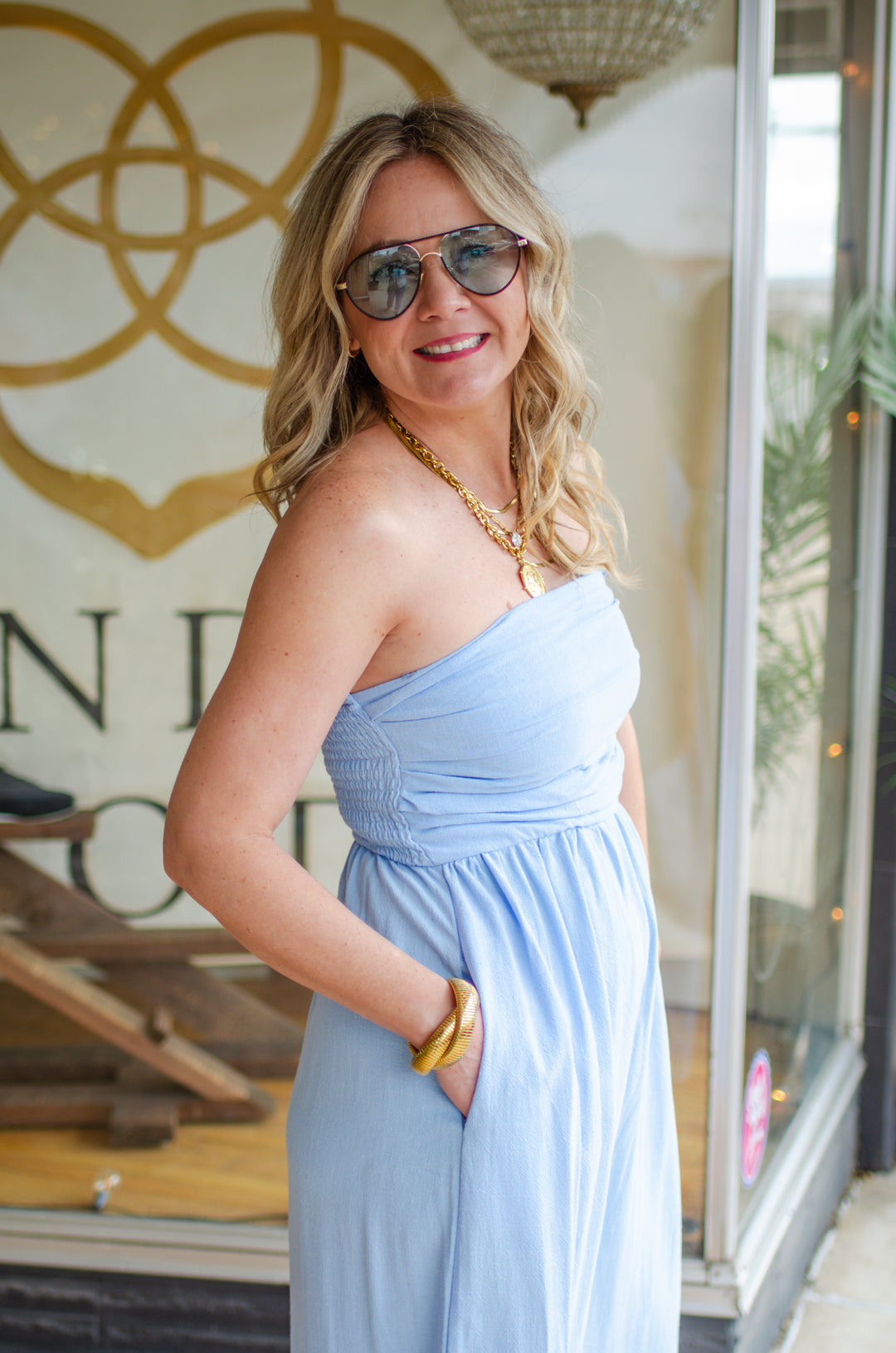 La Dolce Vita Strapless Empire Waistline Midi Dress in Light Blue