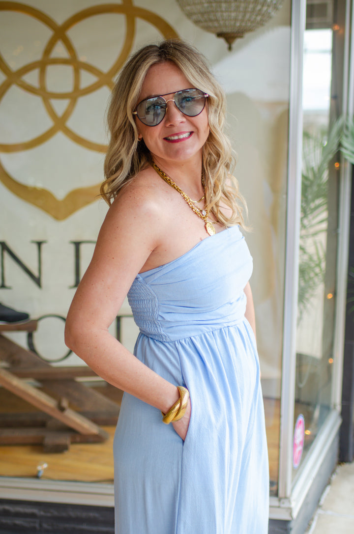 La Dolce Vita Strapless Empire Waistline Midi Dress in Light Blue