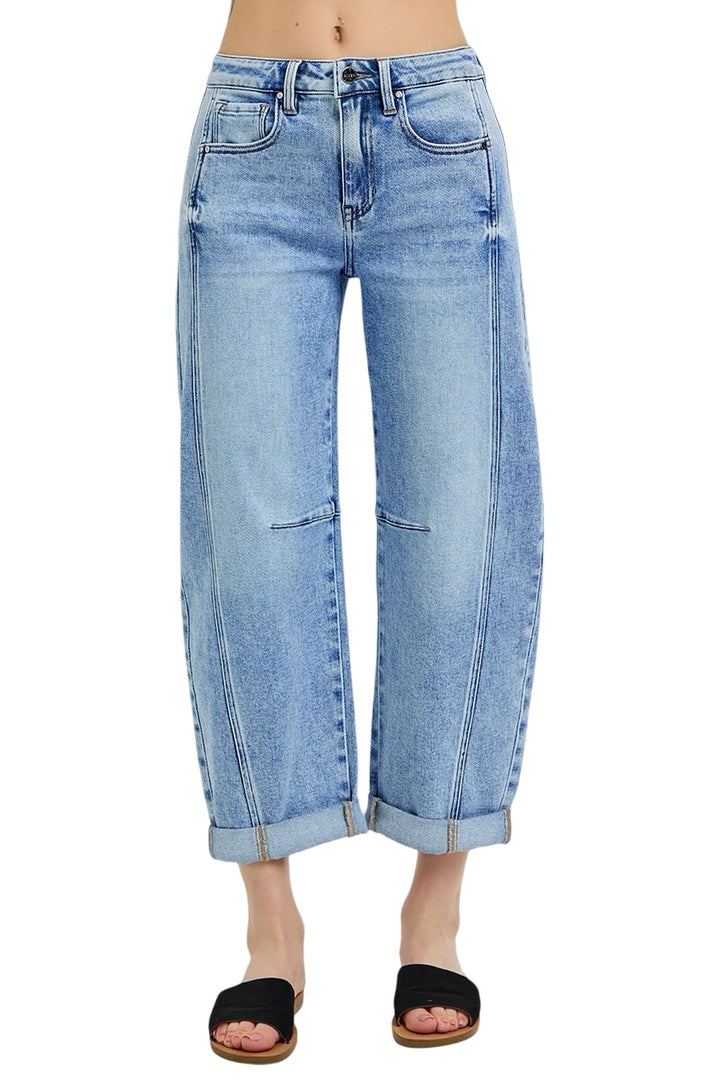 Risen High Rise Boyfriend Cuffed Barrel Jeans in Medium Wash