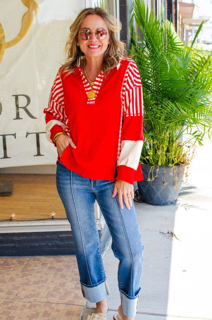 Bold Babe Stripe Trim V-Neck Oversized Top in Red