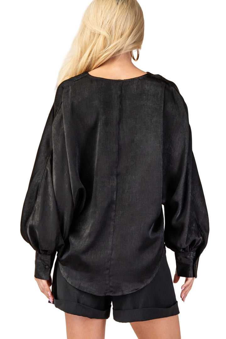 One True Love V-Neck Silky Long Sleeve Top in Black