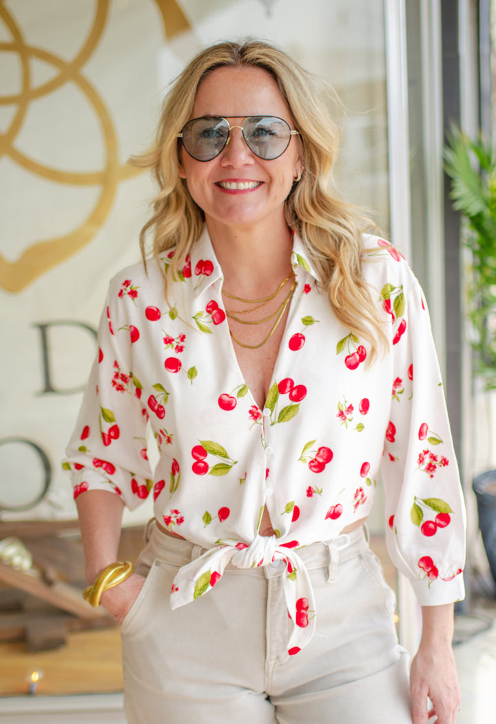 Cherry Printed Collared Tie Front Button Down Top