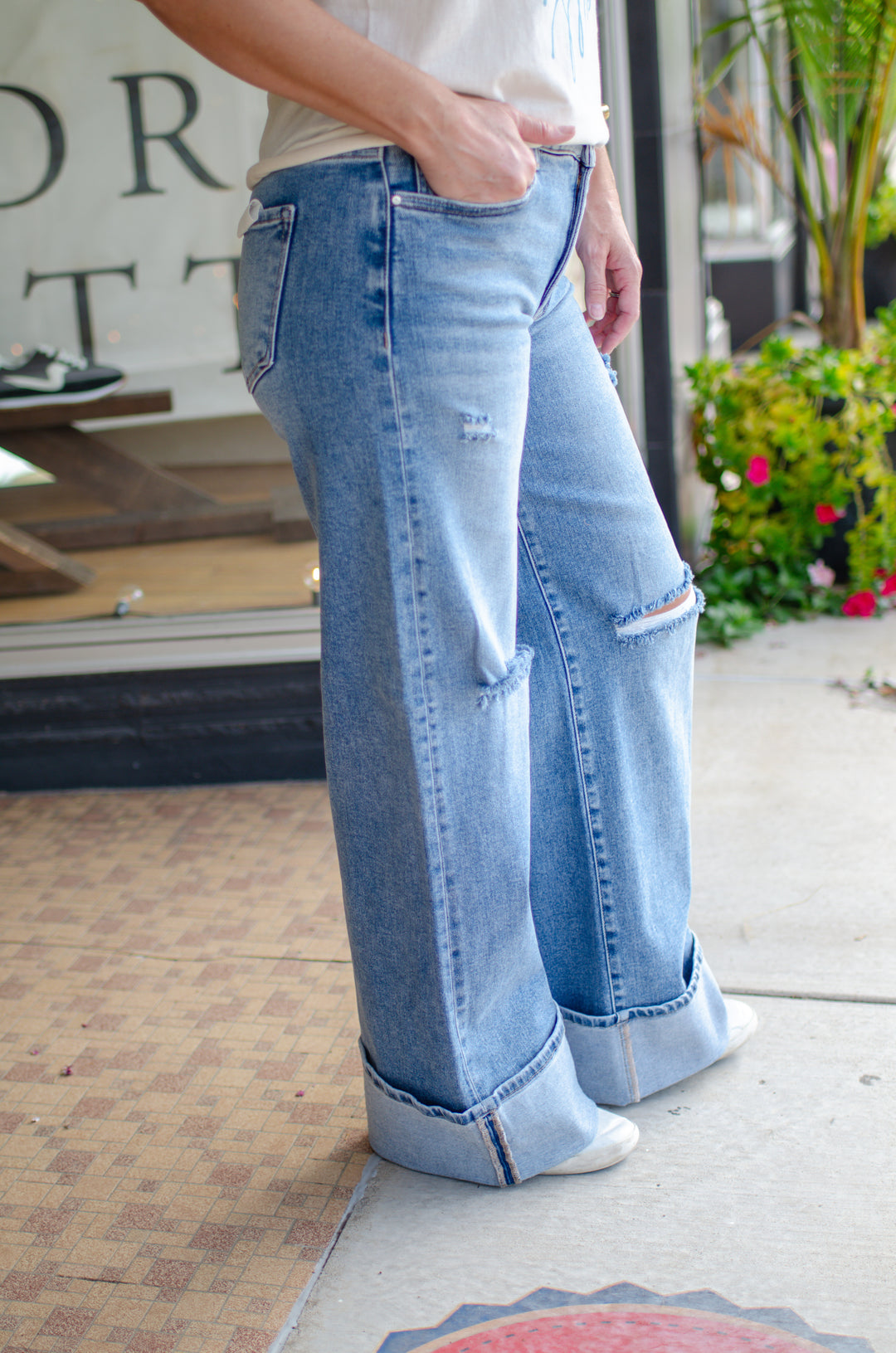 Risen Tummy Control Mid Rise Wide Cuff Jeans in Medium Wash