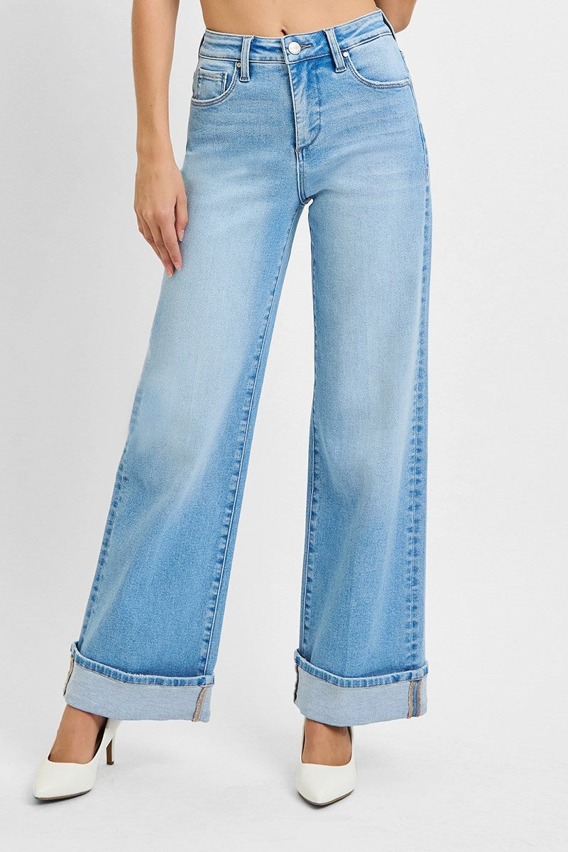Risen High Rise Tummy Control Wide Leg jeans in Light Wash