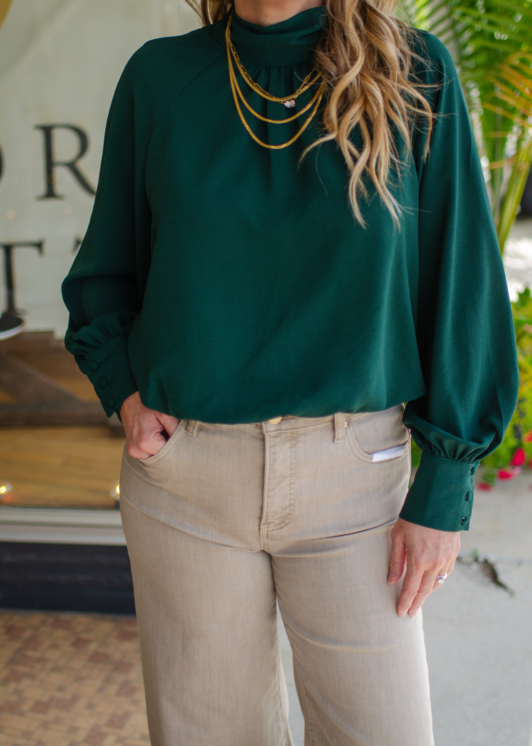 Take Your Time High Necklace Bubble Hem Long Sleeve in Emerald