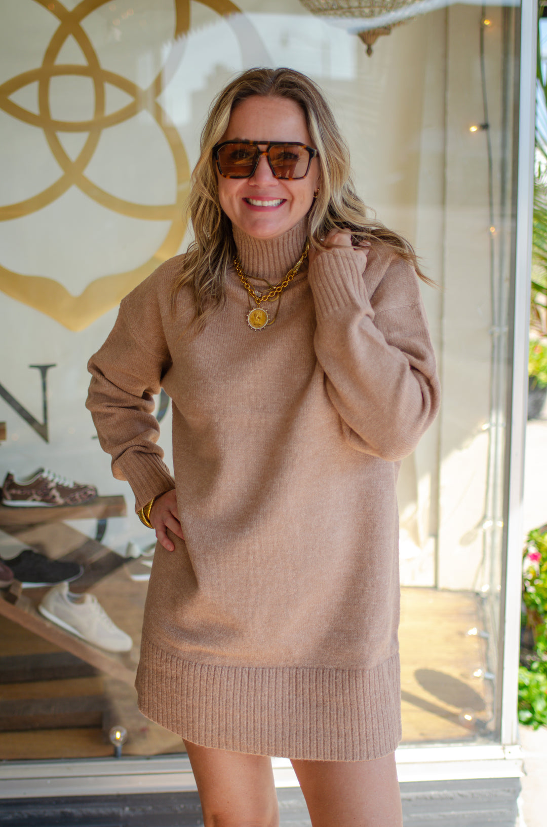 Bonfire Babe Mock Neck Sweater Dress in Camel