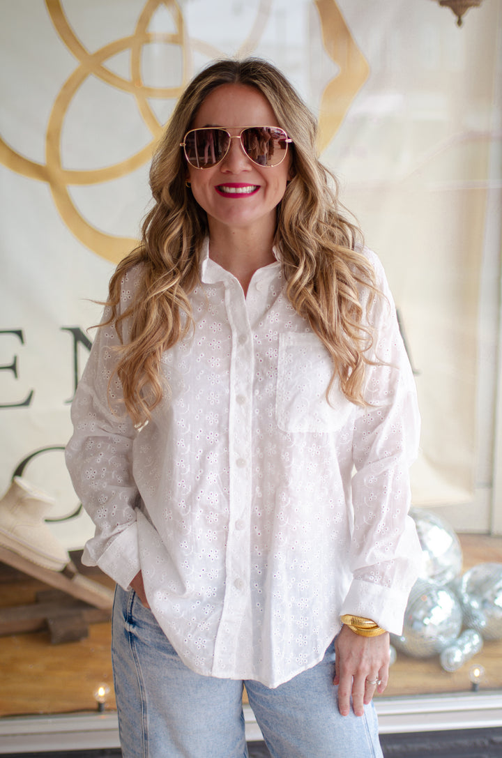 Summer Dreamer Eyelet Button Down Long Sleeve Top in White