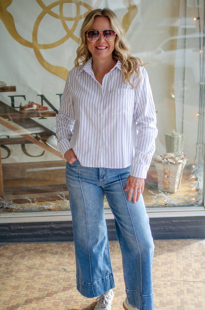 Sophisticated Stripe Button Down Collared White Blouse