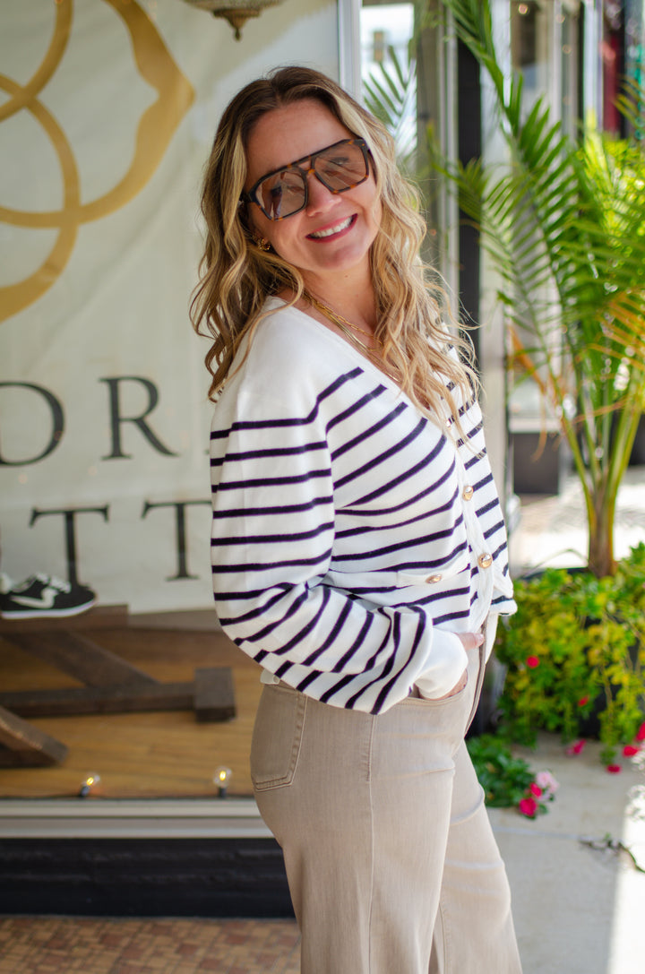 Class Act Stripe Long Sleeve Braided Trim Cardigan in Cream