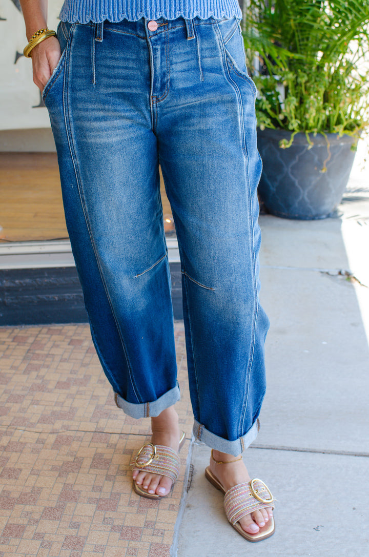 Risen High Rise Boyfriend Fit Ankle Jeans in Dark Wash