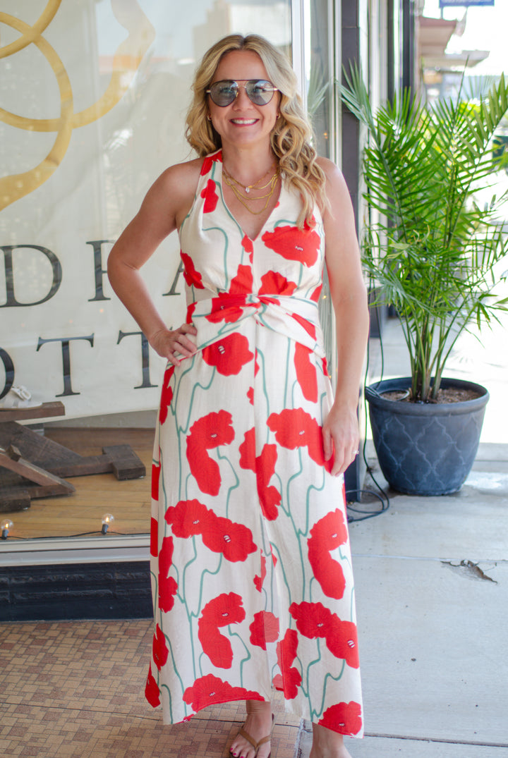 Simply Adored Coral Poppy Floral Halter Maxi Dress