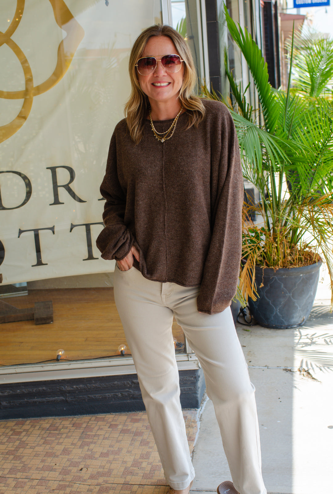 This Love Oatmeal Center Seam Rolled Neck Sweater in Chocolate