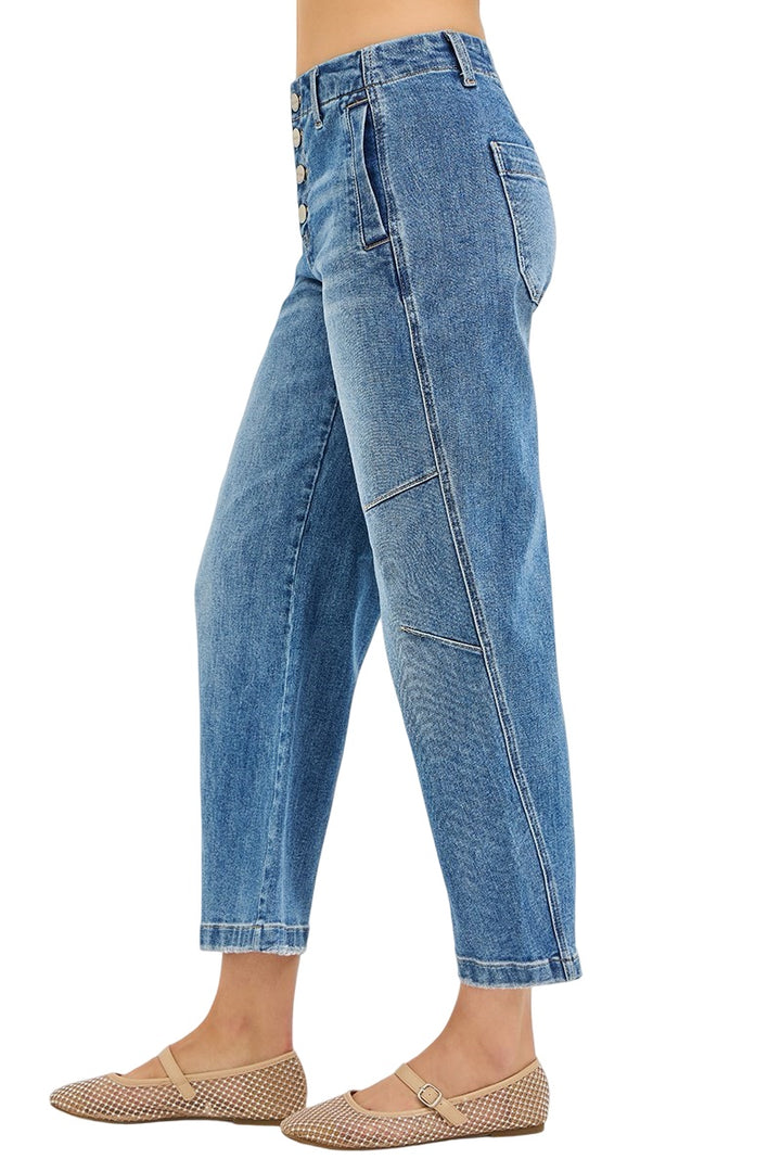 Risen Slouchy Crop Barrel Twist Seams Button Down Jeans in Medium Wash