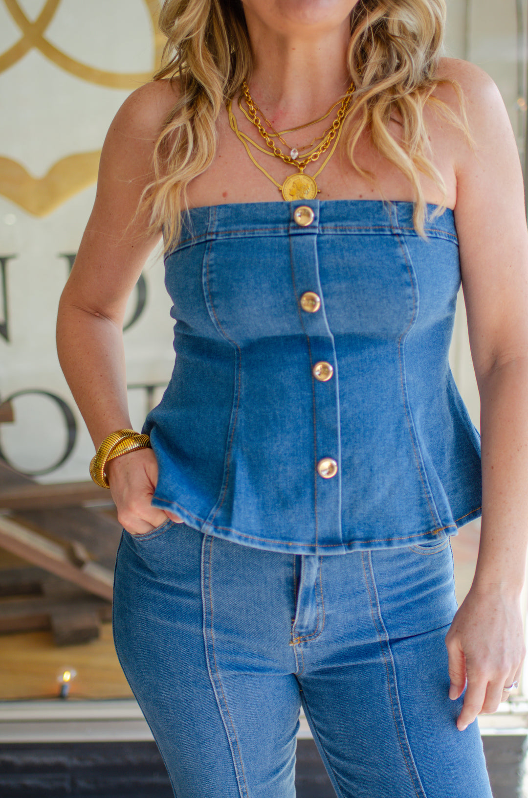 Denim Dreamer Strapless Top with Gold Buttons in Medium Wash