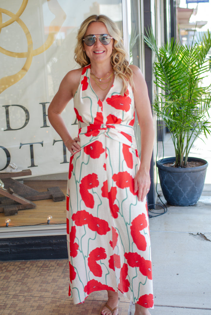 Simply Adored Coral Poppy Floral Halter Maxi Dress
