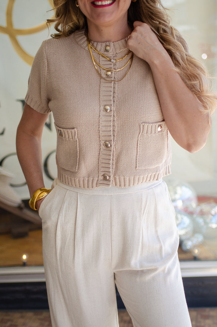 Give Me A Reason Taupe Knit Pocket Top with Gold Buttons