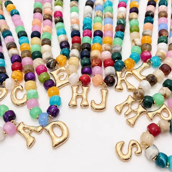 Multi Color Chunky Beaded Initial Charm Necklace