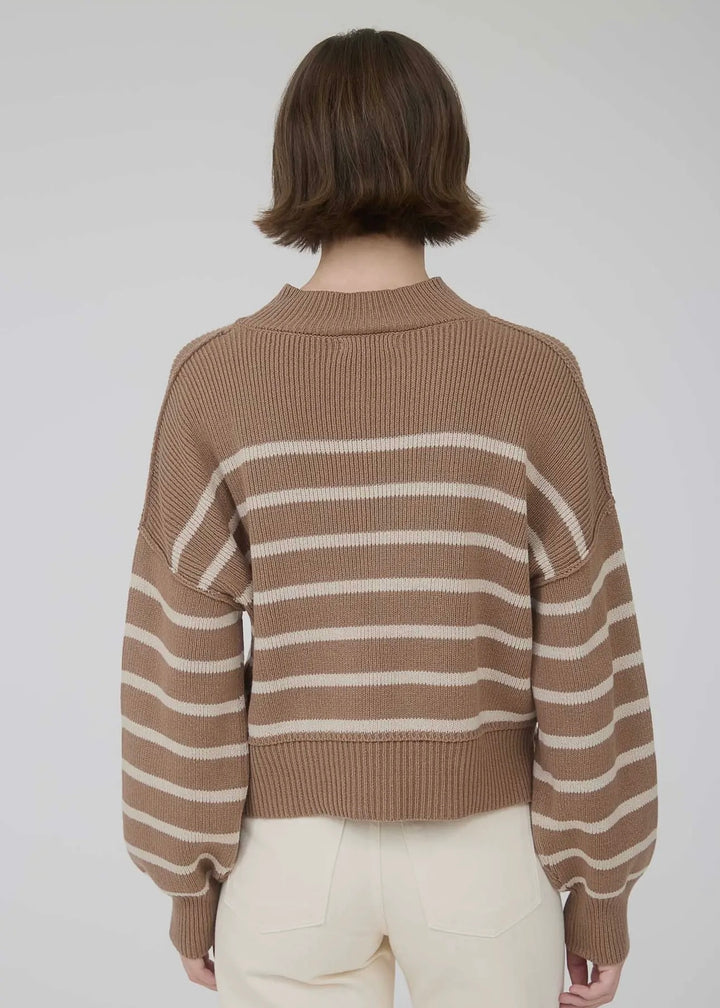 Cafe Latte Stripe Mock Neckline Long Sleeve Sweater in Cocoa