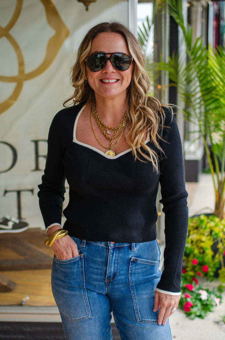 Fall Wishes Top in Black with Cream Trim