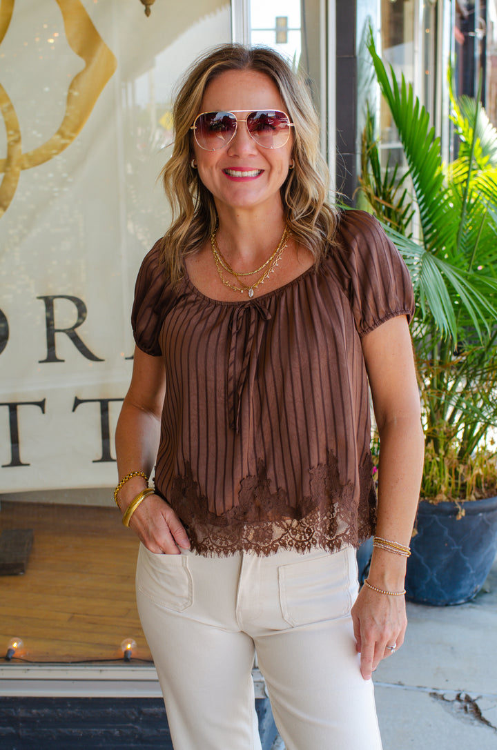 Whimsical Memories Silky Stretch Neckline Top in Lace Hem in Chocolate