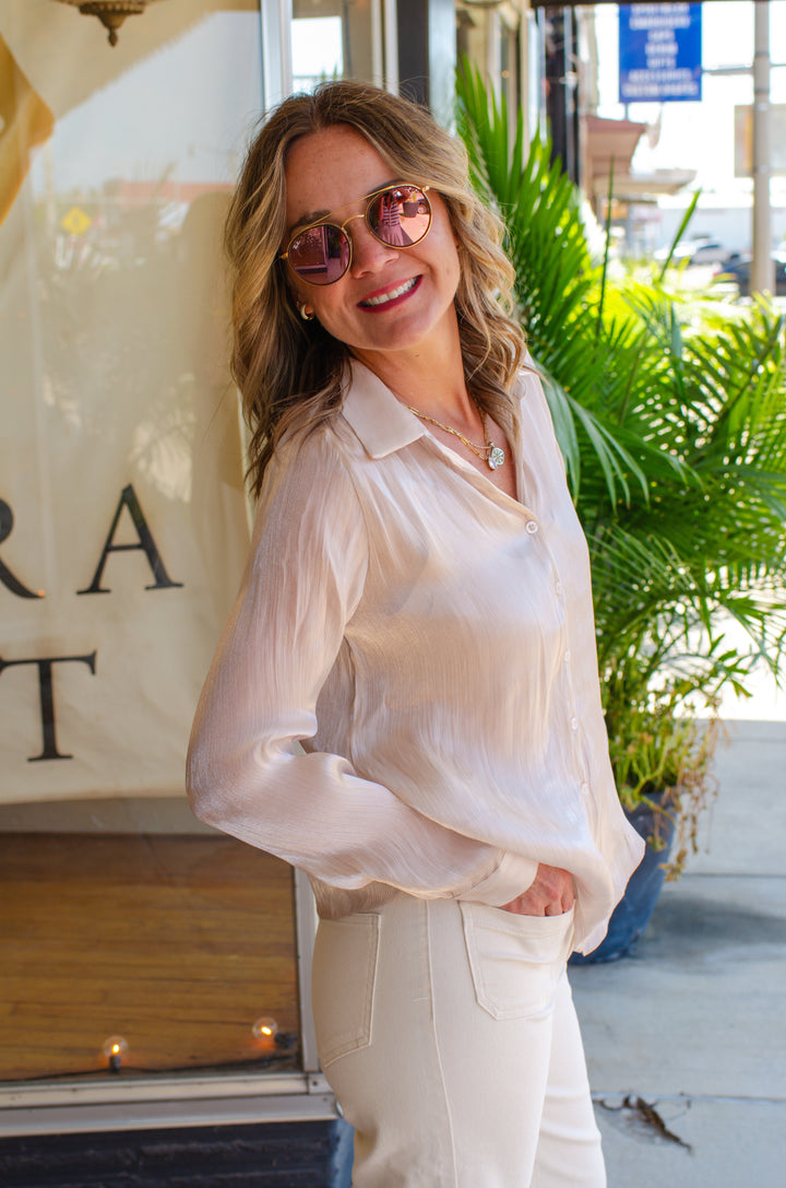 Shimmering Nights Metallic Button Down Long Sleeve Top in Champagne