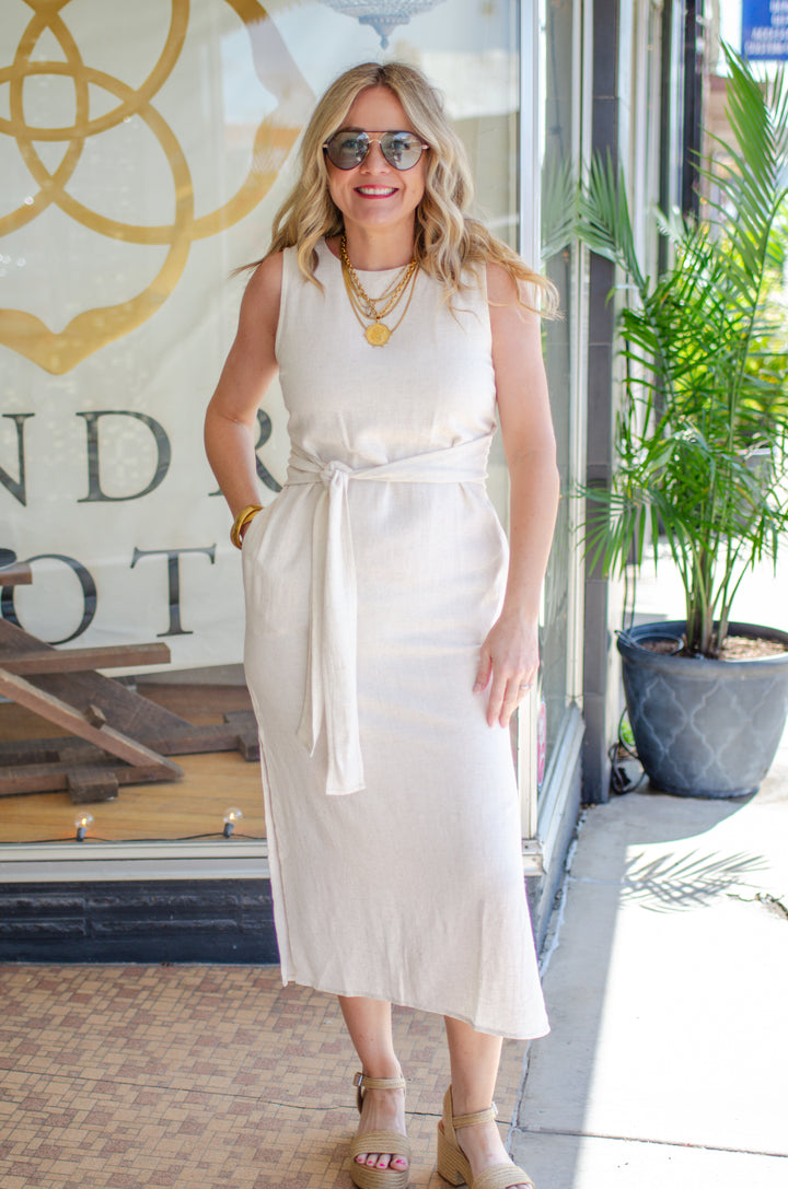 Loving Embrace Sleeveless Natural Linen Waist Tie Midi Dress