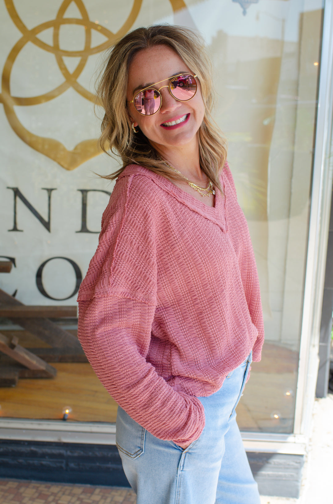 Our Time Textured V-Neck Long Sleeve Top in Mauve