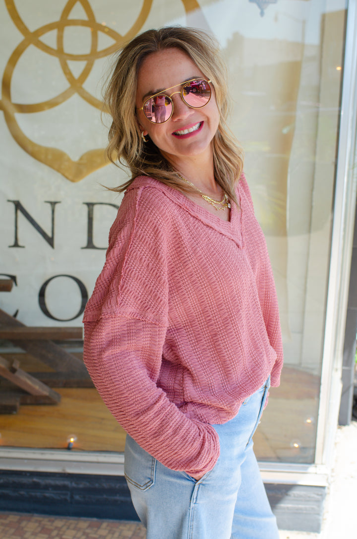 Our Time Textured V-Neck Long Sleeve Top in Mauve