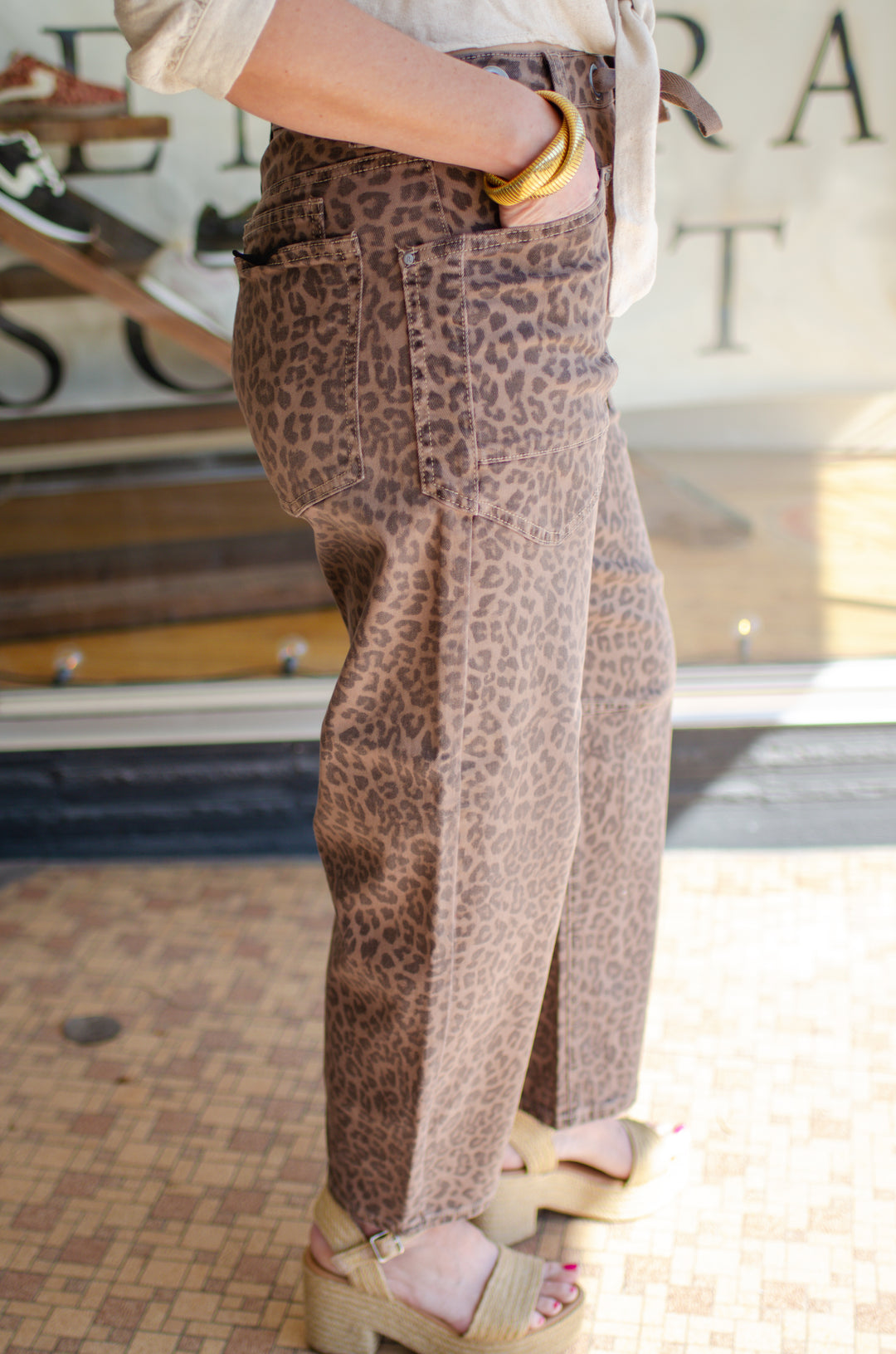 Risen Jeans Leopard Barrel Leg Jeans in Mocha