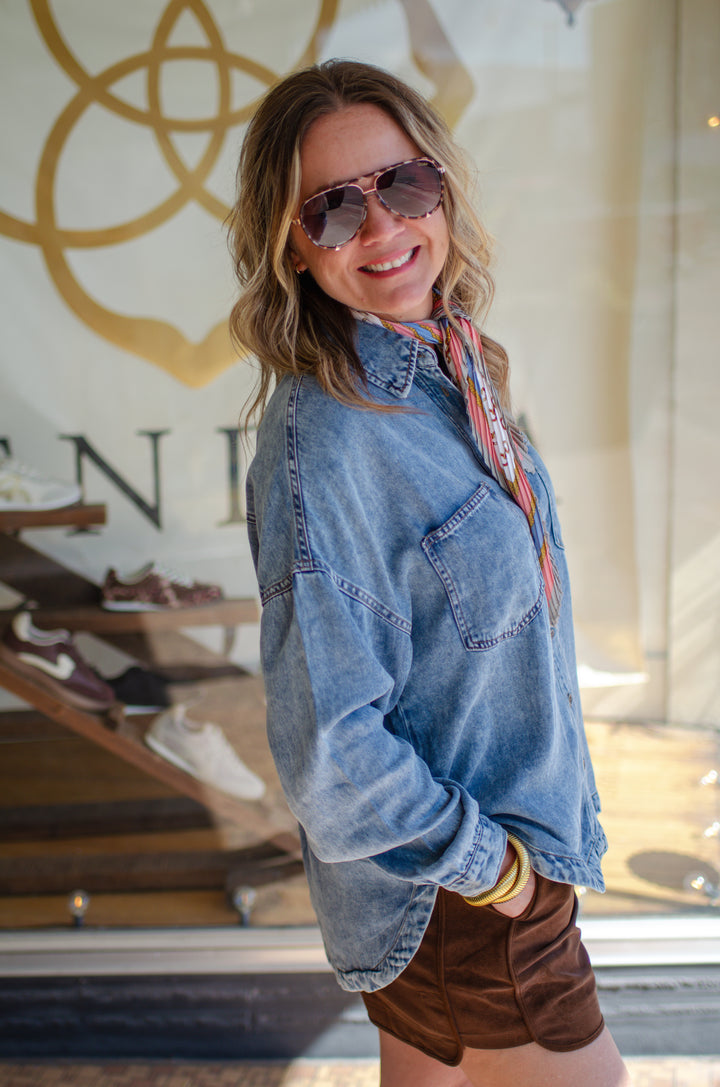 Chambray Perfection Button Down Oversized Pocket Long Sleeve Top