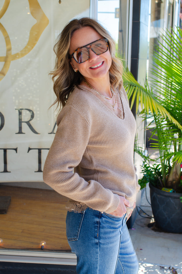 Sweet Symphony Lace Trim Knit Sweater in Tan