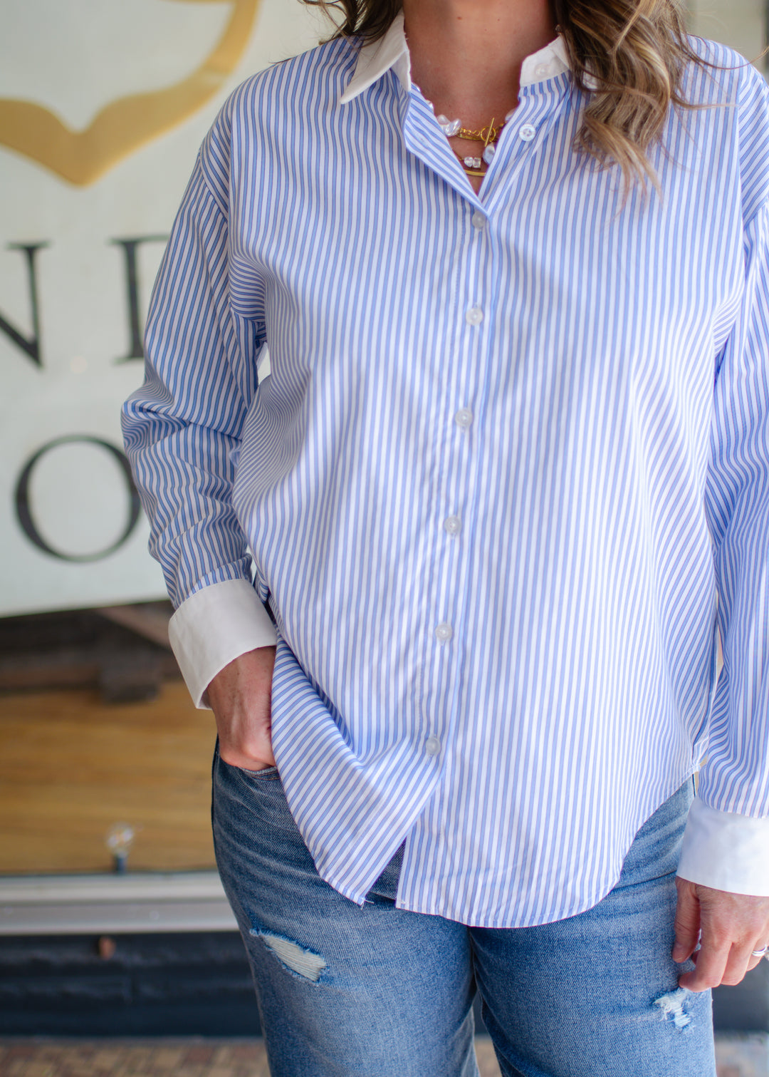 Make My Day Stripe Button Down Collared Top in Light Blue