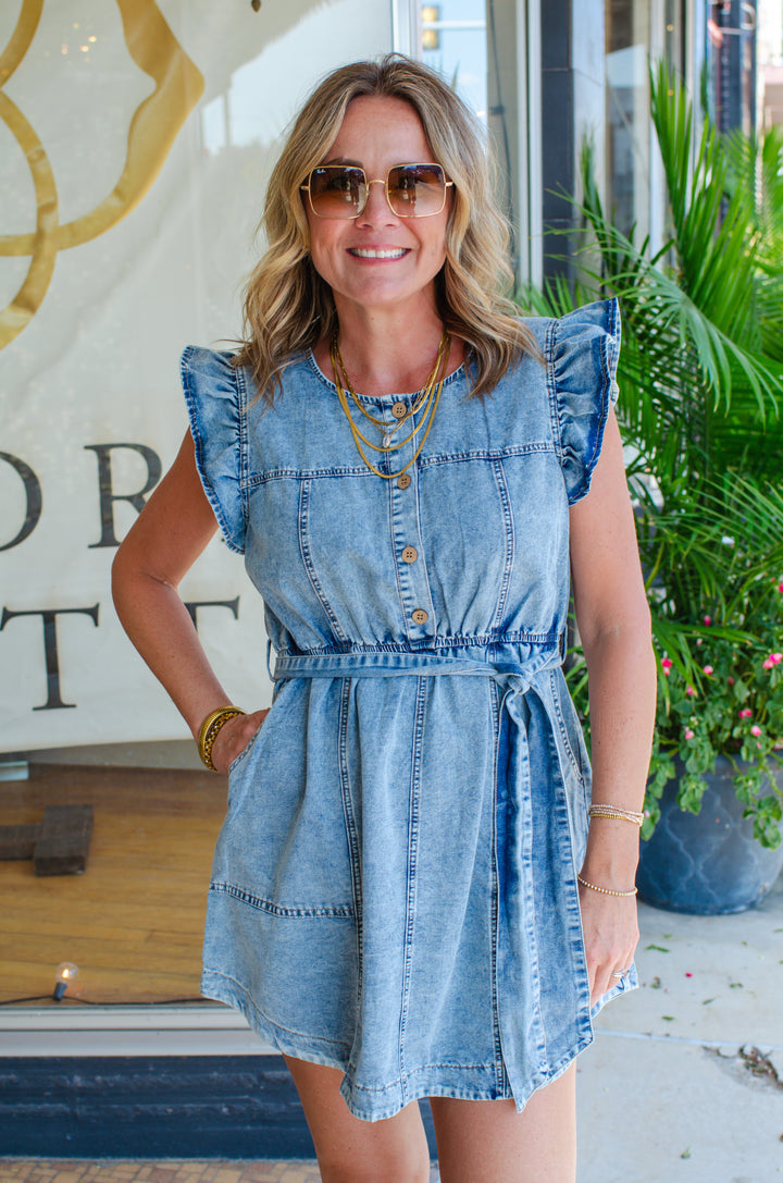 Spin Me Around Ruffle Sleeve Button Down Denim Dress