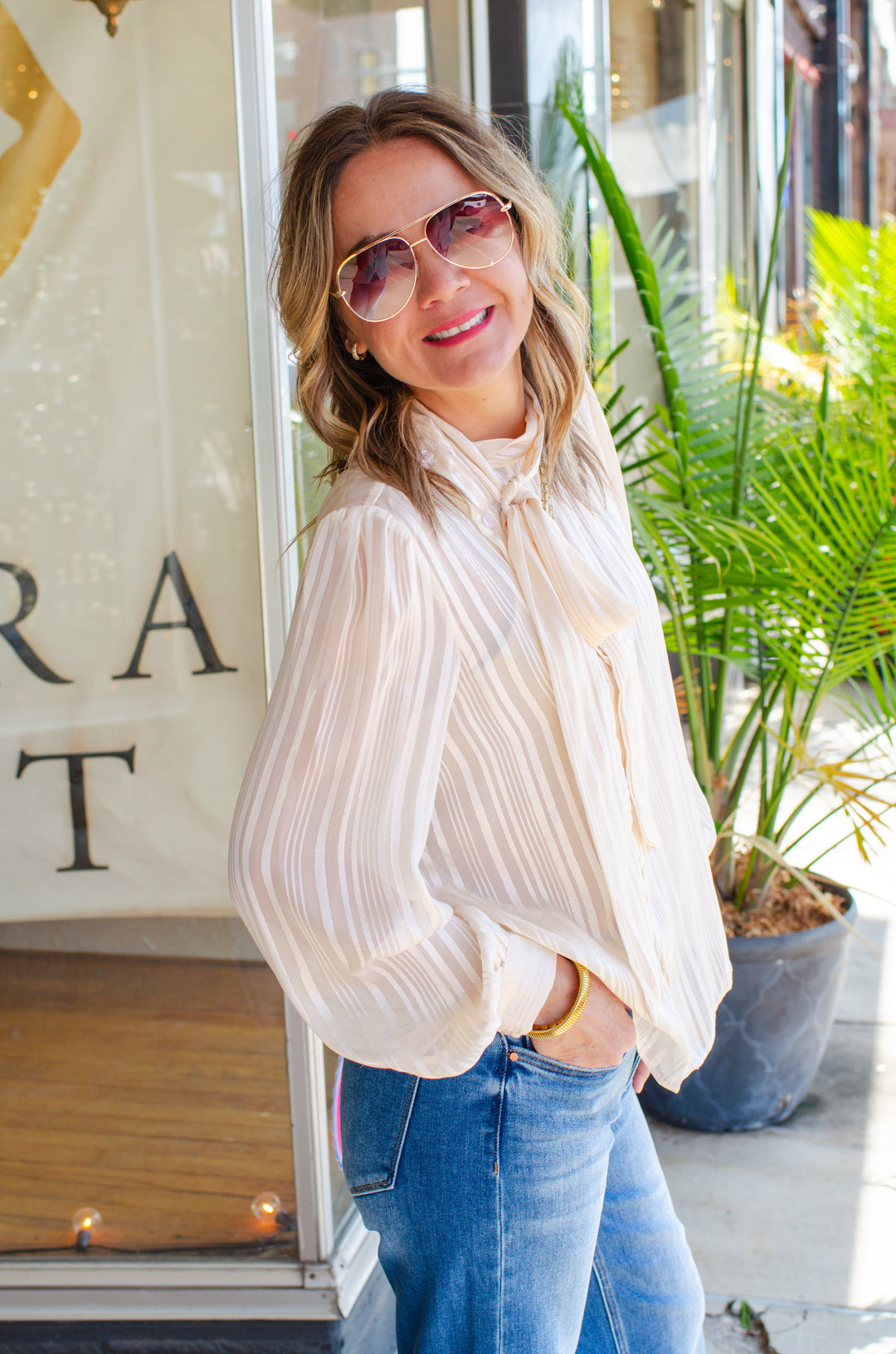Graceful Stripe Button Down Tie Neckline Blouse in Cream