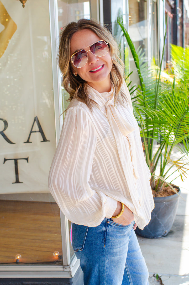 Graceful Stripe Button Down Tie Neckline Blouse in Cream