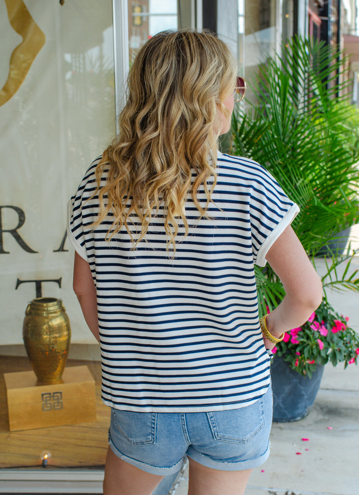 Nautical Navy & White Stripe Round Neckline Top