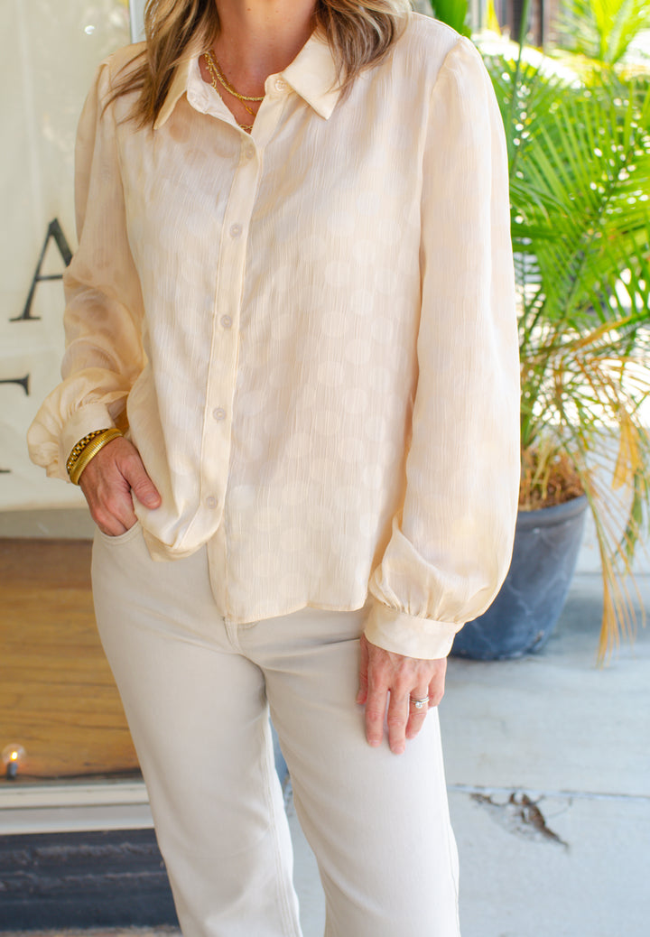 Always Classic Textured Polka Dot Collar Button Down Top in Champange