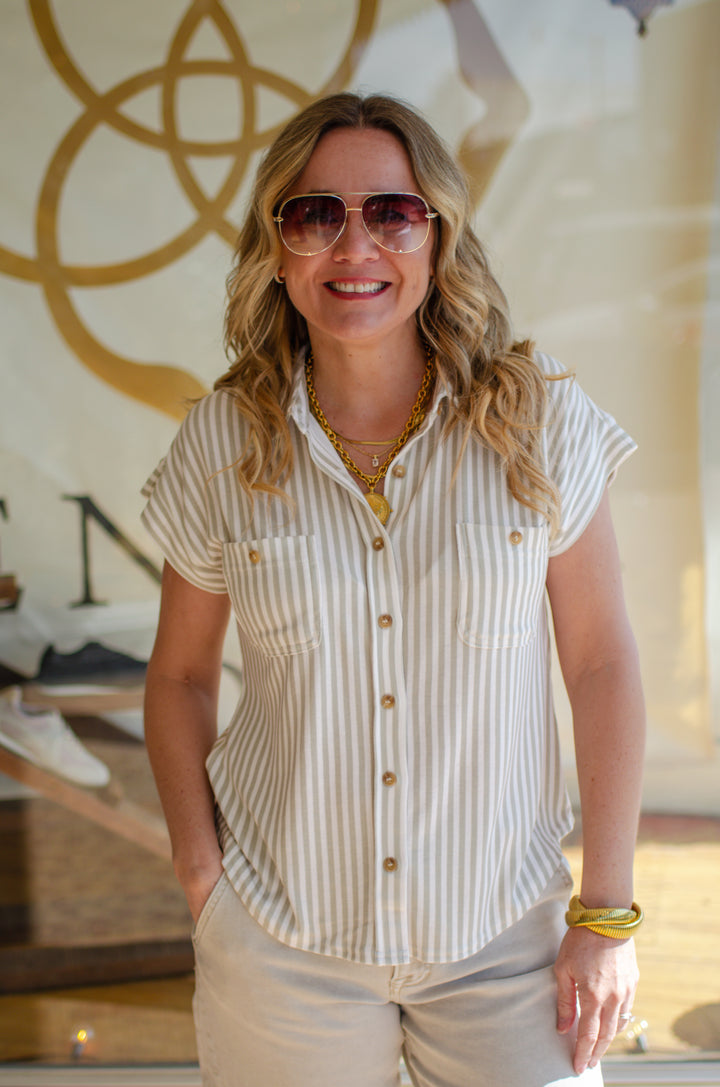 Perfect Stripe Button Down Soft Knit Top in Light Sage