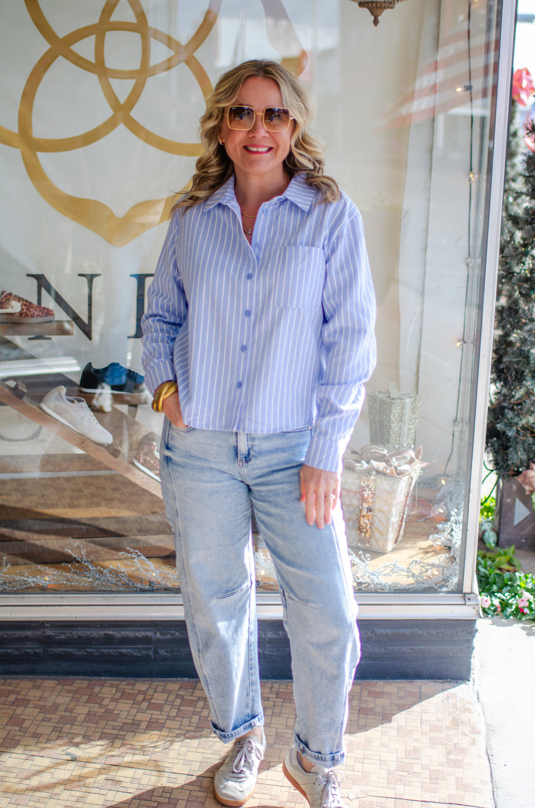 All Buttoned Up Blue & White Stripe Button Down Top