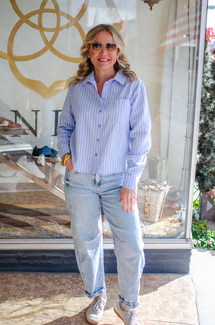 All Buttoned Up Blue & White Stripe Button Down Top