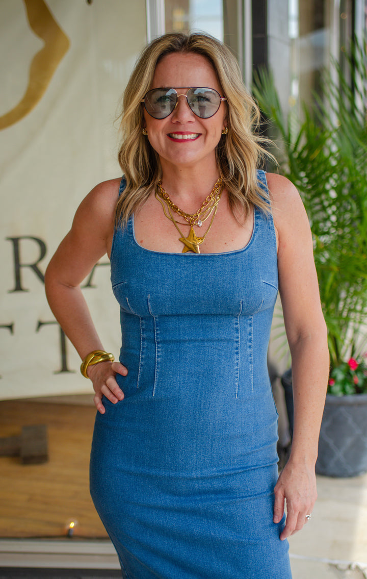 Hold Me Close Denim Fitted Midi Dress
